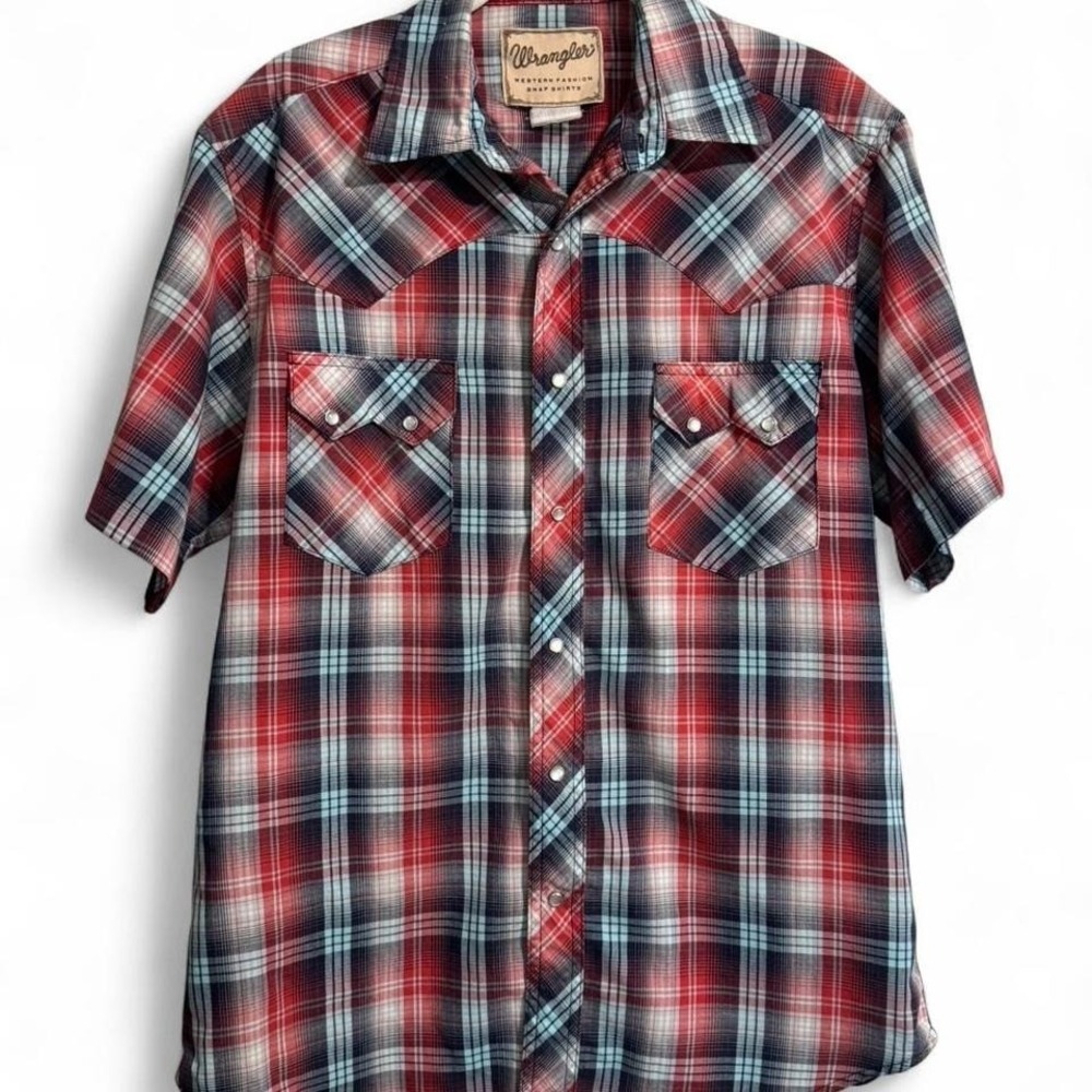 Wrangler red plaid western‎ pearl snap button up shirt size XL